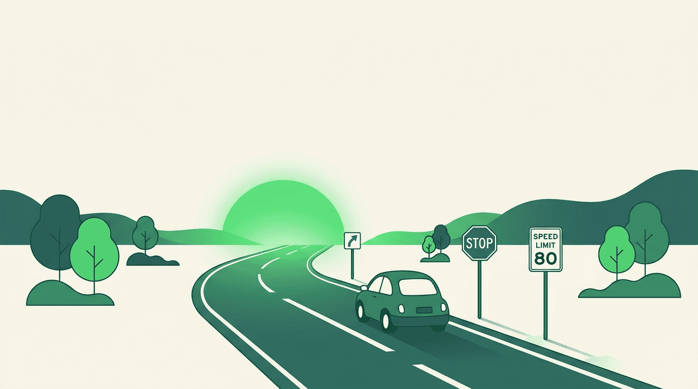 Illustration of an Ontario road leading toward the horizon, lined with traffic signs